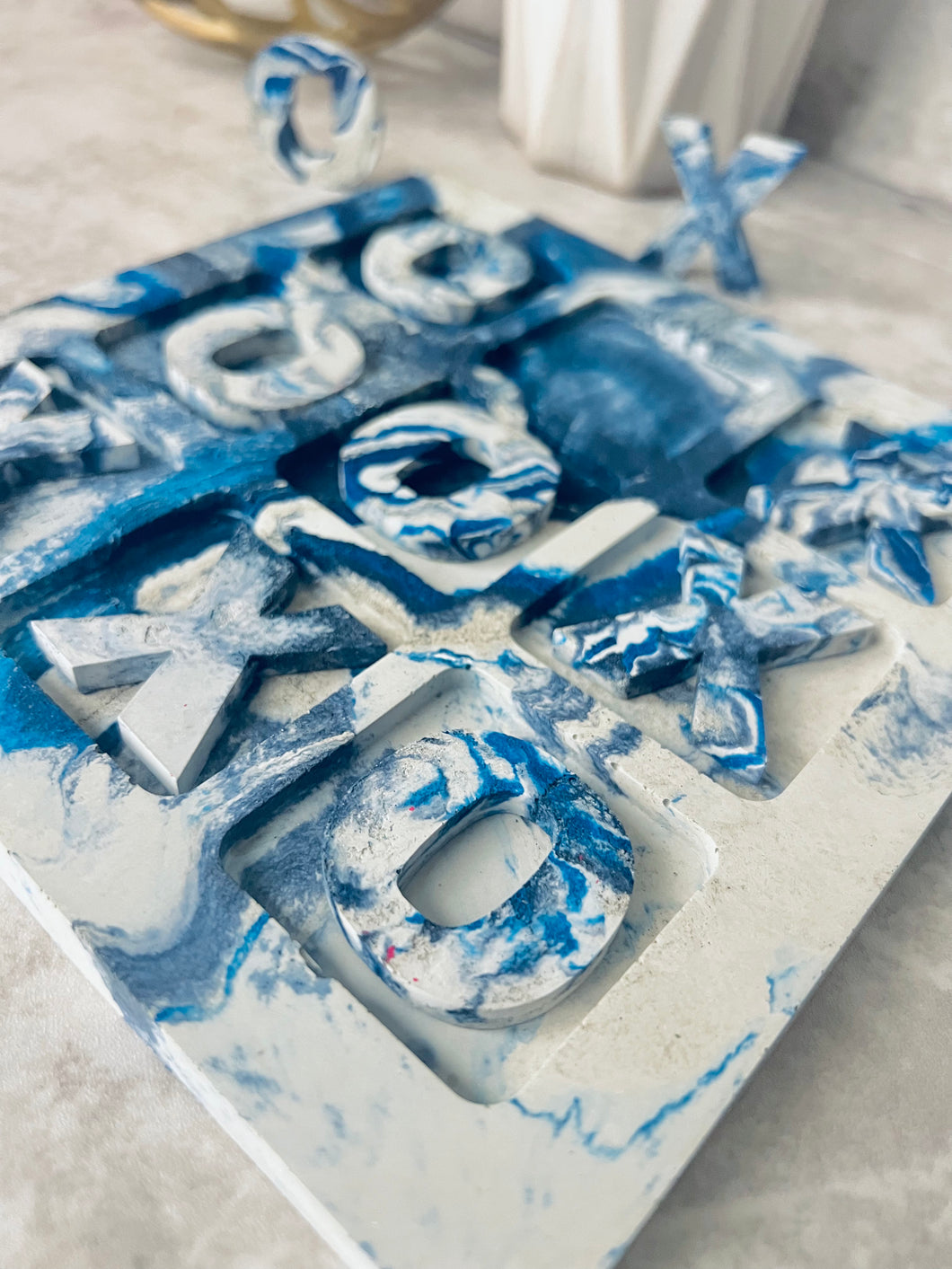 Blue Marbled Concrete Tic Tact Toe Set