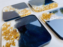 Load image into Gallery viewer, Square Blue &amp; Gold flakes coaster set
